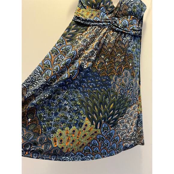 Christina Love Halter Dress Abstract Peacock Print Size Medium JL - Picture 3 of 8